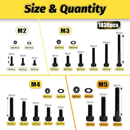 KADRICK 1830PCS M2 M3 M4 M5 Metric Screws Assortment,Hex Socket Head Cap - size: M2-M5 1830Pcs