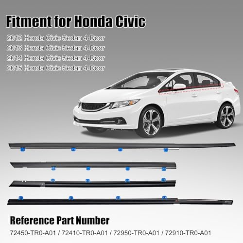 Window Molding Trim for 2012-2015 Honda Civic 4-Door Sedan | 4PCS Black Rubber Weatherstrip Seals, Replaces #72450-TR0-A01, High-rebound Buckle Design, Built-in Metal Layer - size: 2012-2015 Honda Civic