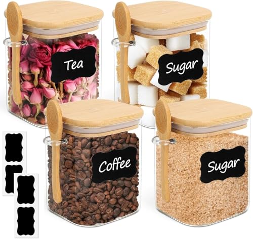 ComSaf Glass Container with Spoon & Lid 0.8 Qt, 4 Pack Glass jar with spoon | Coffee and Sugar Container Set, Coffee Bar, Salt Jar, Bamboo Lid with Silicone Seal, Spice, Seasoning Canister, BPA Free - size: 0.8Qt*4