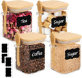 ComSaf Glass Container with Spoon & Lid 0.8 Qt, 4 Pack Glass jar with spoon | Coffee and Sugar Container Set, Coffee Bar, Salt Jar, Bamboo Lid with Silicone Seal, Spice, Seasoning Canister, BPA Free - size: 0.8Qt*4