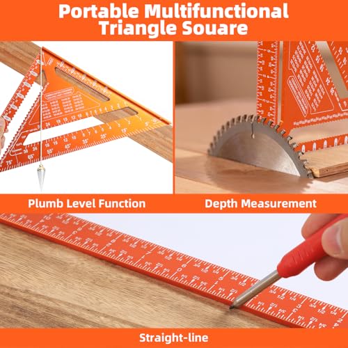 2pcs Rafter Square, 12-inch & 7-inch Carpenter Sqaure Set withWoodworking Pencil, Carpenter Measuring Layout Tool,Aluminum Alloy Triangle Ruler for Woodworking- Imperial - size: 7+12 inch