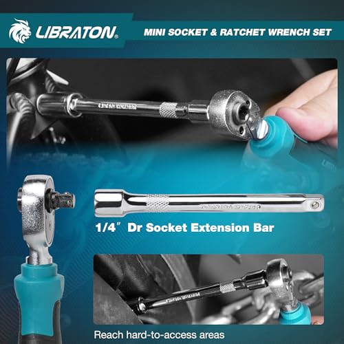 LIBRATON 1/4" Dr Mini Socket & Ratchet Wrench Set with Bits, 4-13mm Socket