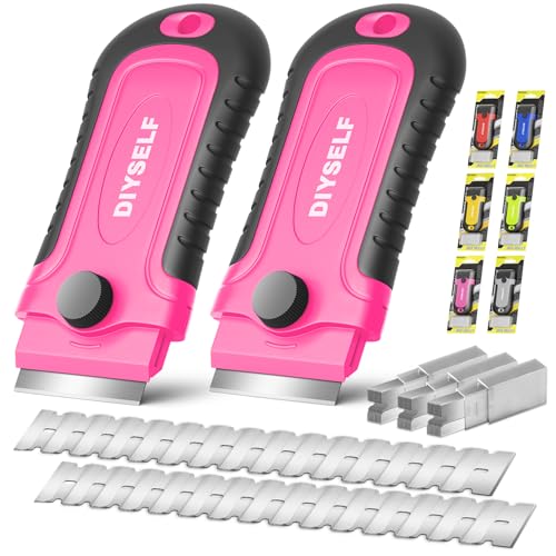 DIYSELF 2 Pack Razor Scrapers with 30 Extra Razor Blades, Stove Top Cleaner - color: Pink, size: 2 Pack
