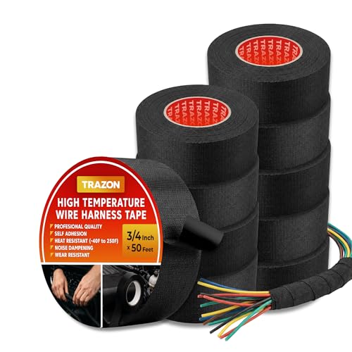 Wire Harness Tape 5 Pack 3/4" x 50Ft (250Ft Total) - High Temperature Cloth Electrical Tape, OEM Automotive Fabric Tape, Self-Adhesive Wiring Loom Wrap, Heat Resistant, No Residue for Car, Marine, RV