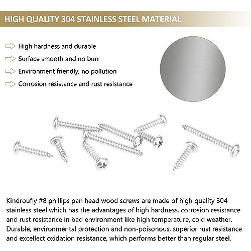 127 Pieces #8 x 1/2" 5/8" 3/4" 1" 1-1/4" Phillips Pan Head Self-Tapping Screws, Wood Screws Assortment Kit, 304 Stainless Steel - size: #8