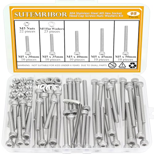 95 Pieces M5 x 30/35/40/45/50mm Hex Socket Head Cap Screws Nuts Washers Set Silver, Sutemribor M5 Long Screws, M5 Stainless Screws Nuts Washers Assortment Kit, 304 Stainless Steel, Fully Threaded - size: M5 Long Screws Kit, style: Socket Head