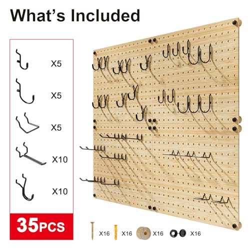 VOIMO Bamboo Peg board Wall Organizer, 4 Panels, 16 x 12 in, 35 Hooks - size: 16'' X 12'' (4 Panels)