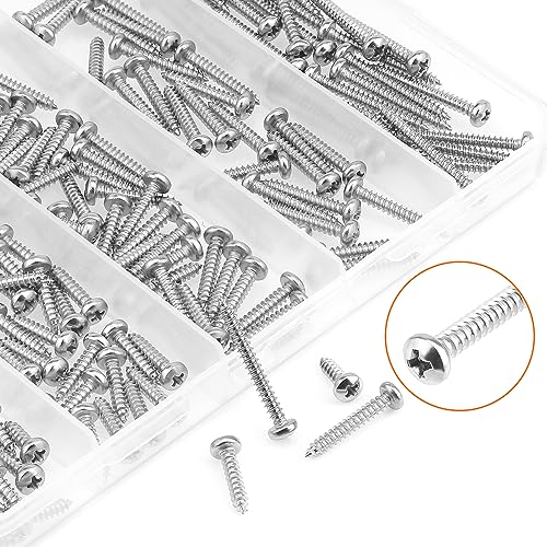 #4 x 3/8" 1/2" 5/8" 3/4" 1" Wood Screws Set, HELIFOUNER 210 Pieces Phillips Pan Head Self-Tapping Screws Assortment Kit, Phillips Pan Head Wood Screws, 304 Stainless Steel - size: #4