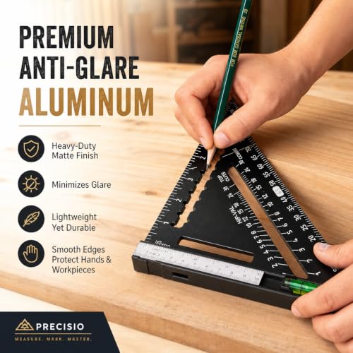 7 Inch Rafter Square with Level – Aluminum Alloy Carpenter Triangle Ruler, Woodworking Layout Tool with Detachable Stainless Steel Ruler & Anti-Glare Matte Finish for Framing, Marking & Measuring
