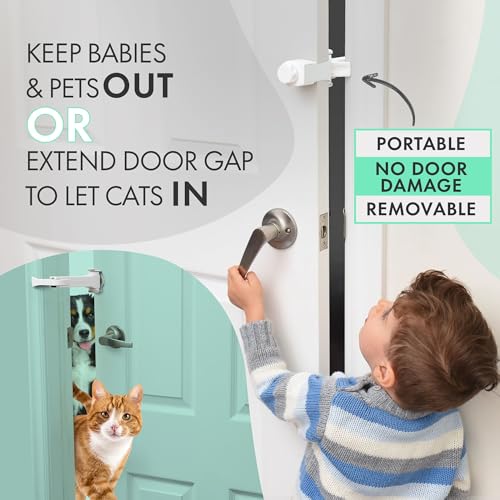 Portable Door Lock for Pets & Childproofing. No Adhesives, No Door Damage. Adjustable Cat Door Latch for Baby Proofing. Let Cats in, Keep Kids & Dogs Out. Baby Door Lock & Cat Door Holder