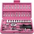 Egofine 46 Pieces 1/4 inch Drive Socket Ratchet Wrench Set, with Bit Socket Set Metric and Extension Bar for Auto Repairing and Household, with Pink Storage Case - style: 1/4" 46 PCS-Pink