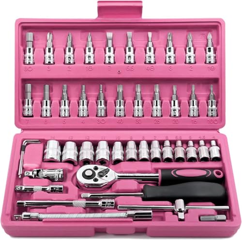 Egofine 46 Pieces 1/4 inch Drive Socket Ratchet Wrench Set, with Bit Socket Set Metric and Extension Bar for Auto Repairing and Household, with Pink Storage Case - color: Pink