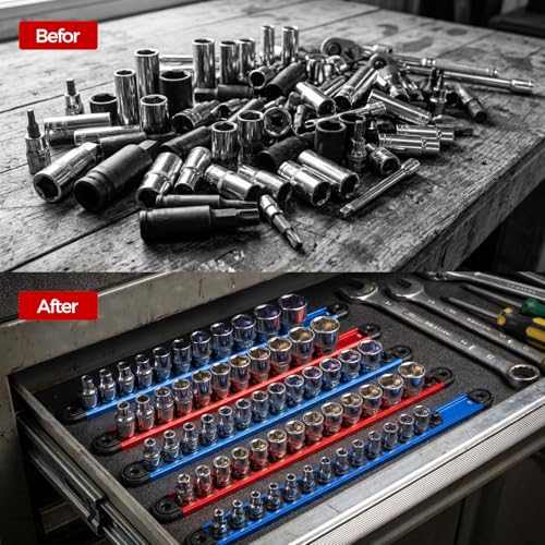 6PC Magnetic Socket Organizer Set, 1/2" 3/8" 1/4" Drive - color: Red & Blue, size: 6 Pieces-1/4", 3/8", 1/2" DR