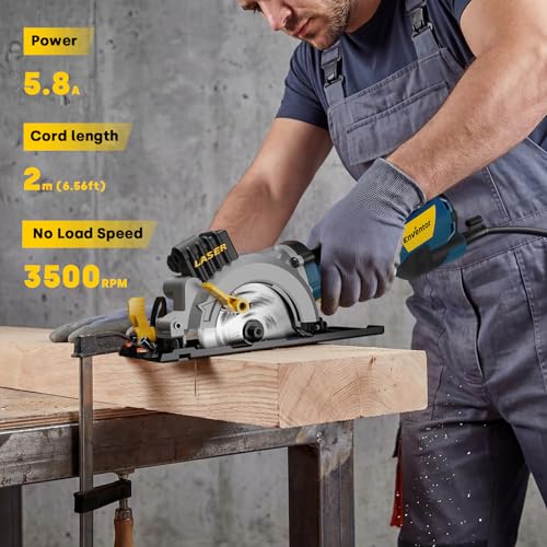 Enventor Mini Circular Saw with Laser Guide, 6 Blades 4-1/2", 5.8A Corded | 3500 RPM, Max Cut 1-11/16 in at 90° and 1-1/8 in at 45°, Dust Port, Vacuum Adapter for Soft Metal, Wood, Tile Cutting