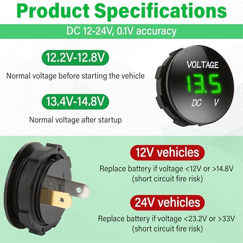 2 PCS DC 12V 24V Volt Meter, Car LED Digital Voltmeter Gauge - color: 2 PCS Green