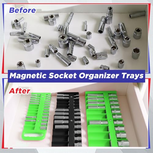 6 Pcs Magnetic Socket Organizer Holder Case Rail Rack for 1/2'', 3/8 '', 1/4'' Drive, Securely Holds 152 Sockets (Black,Green) - color: Black,Green