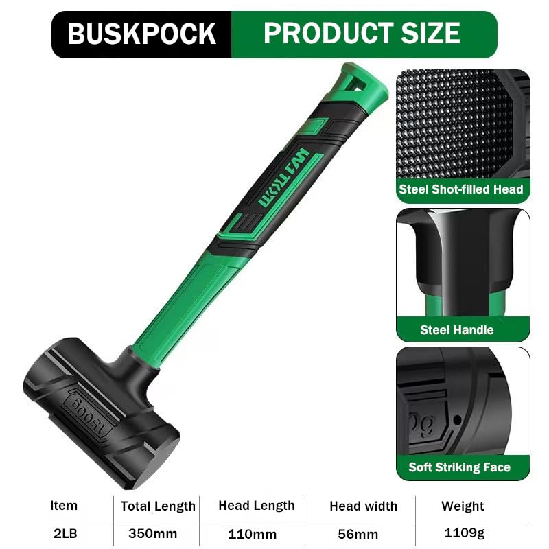 Dead Blow Hammer, Rubber Mallet with Non-Slip Grip, Marring Resistant (2LB) - size: 2LB