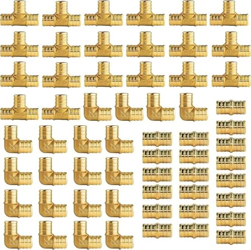 WiseWater 60 Pcs Pex Fittings, 3/4 inch T PEX Tee(20PCS) & 90 Degree Elbow & Straight Coupling, Brass Barb Crimp Pipe Fitting for Pex Pipe(Pack of 60), UPC Certified - size: ZH61902(3/4" PEX FITTINGS 60pk)