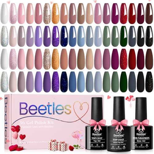 Beetles Gel Nail Polish Set 36 Colors Neutral Elegance Gel Polish Kit | Burgundy Red Blue Green Brown Gold Glitter Pink Gel with Base & Top Coat UV LED Needed Manicure Gifts for Women - color: 0- Neutral Elegance