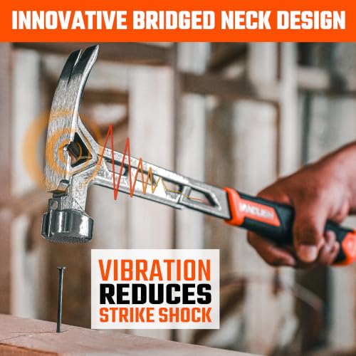 VANQUISH Framing Hammer 17oz One Piece Forged Straight Claw Hammer with Milled Face & Shock Reduction Grip, Claw Hammer with Magnetic Nail Holder Side Nail Puller, 0628-M - size: 17oz Milled Face
