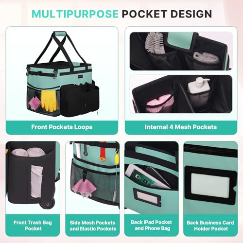 JKAOO Large Rolling Cleaning Caddy Bag with Detachable Trolley, Blue-Green - color: Blue Green