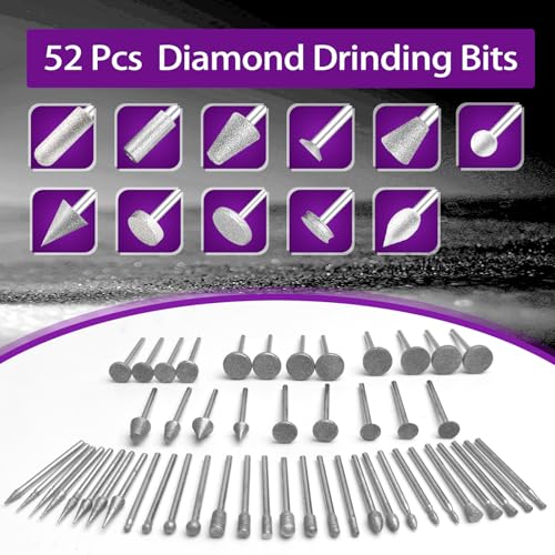 Diamond Grinding Bit Compatible with Dremel, 52Pcs Stone Carving Set Diamond Bits 1/8" (3mm) Shank Polishing Kit for Stone Glass Ceramics Carving Polishing Grinding Etching - style: Style 1
