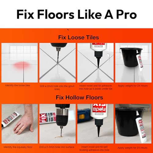 Floor-Fix Pro Injectafix - All in One Repair Kit for Loose/Hollow & Tiles Repair + Squeaky Wood, LVT & Laminate. Includes Anti- Clog Air-Tight Cap. Does NOT Require Caulk Gun - color: 1