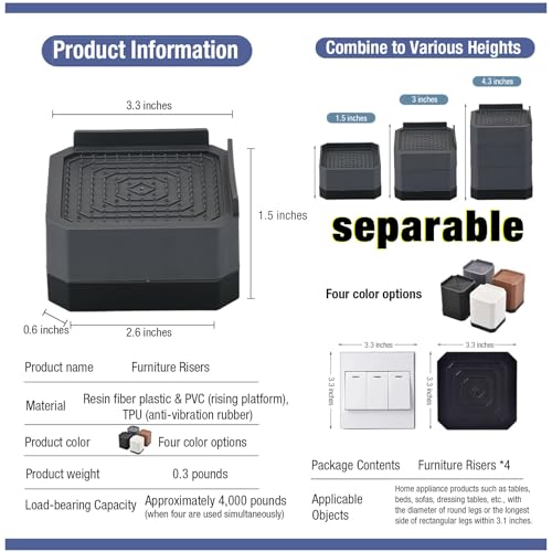 EclatBain Adjustable Bed Risers 3&4.3 Inch, 4000 lbs, 4 Pack Black - color: Square-4 Pack-black, size: 3 Layer(4.3inch)
