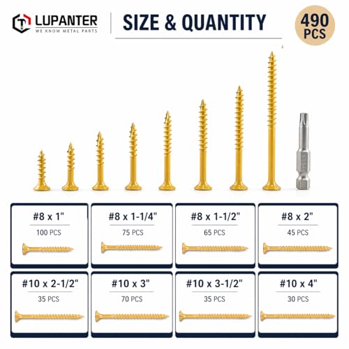 Deck Screws Assortment Kit, #10 x 3'', 3-1/2'', 2'', 4'', #8 x 1'', 1-1/4'', 1-1/2'', 2'', Multi-Size Fasteners Set for Decking and Outdoor Wood Projects, 490 Pack