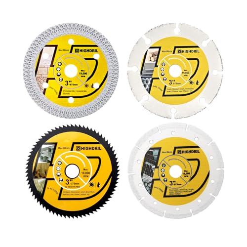 HIGHDRIL 3" 75mm Circular Saw Blade Set 4pcs - Diamond/HSS/Carbide Cutting Disc for Angle Grinder Cutting Porcelain Tile Ceramic Marble Granite Wood Plastic Metal - size: MIX 2