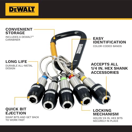 DEWALT Keyring Bit Holder Set 1/4 Inch Hex Bits, Durable Metal Bit Holder Key Chain (DWAFHLDKC5)