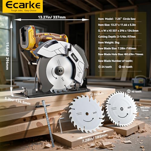 Ecarke 7-1/4" Cordless Circular Saw, Compatible with DeWalt 20V Battery, 5000 RPM Electric Circular Saw with Laser Guide, 2 Blades (24T & 40T), 0–45° Bevel, 2-1/4" Cutting Depth (Tool Only) - color: Yellow
