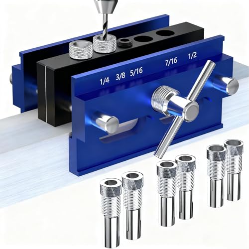 Self Centering Doweling Jig Kit, Drill Jig For Straight Holes Biscuit Joiner Set With 6 Drill Guide Bushings, Adjustable Width Drilling Guide Power Tool Accessory Jigs (L)