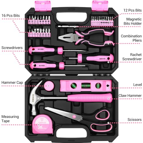 DEKOPRO Tool Set for Women: Pink Tool Set for Home Repair, Womens Tool Kit for All Purpose 42 Piece