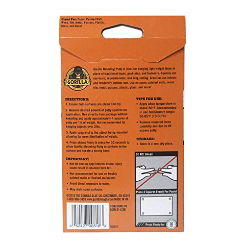 Gorilla Mounting Putty, Natural Tan Color, 84 Pre-Cut Squares (Pack of 8) - Non-Toxic Removable & Repositionable Wall Putty - size: 672 Squares