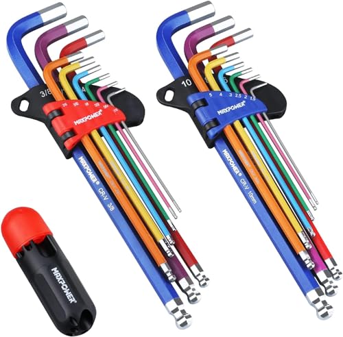 MAXPOWER 18-Piece Hex Key Allen Wrench Set, Hex Key Set SAE & Metric Extra Long Arm Ball End Set with T-Handle - size: 18-piece