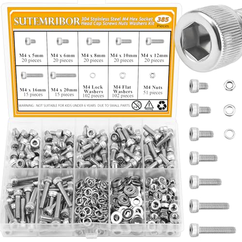 385 Pieces M4 Screws Nuts Washers Set, Sutemribor M4 x 5/6/8/10/12/16/20mm Hex Socket Head Cap Screws Nuts Washers Assortment Kit, 304 Stainless Steel, Fully Threaded - size: M4, style: Socket Head
