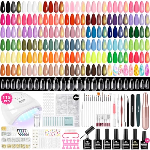 VANREESA 115Pcs Gel Nail Polish Kit with U V Light Nail Drill Almond Nail Tips -40 All Seasons Colors Gel Polish Set with 5Pcs Base Top Coat Gel Nail Kit for Beginners with Everything Gifts for Women - color: Everything Beginners Need