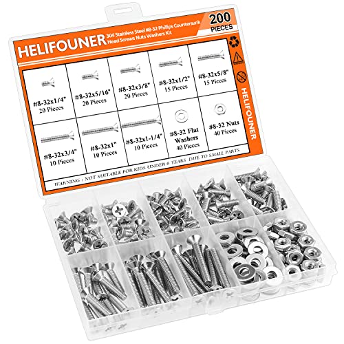 HELIFOUNER 200 Pieces #8-32 Phillips Countersunk Head Machine Screws Nuts Washers Assortment Kit, Coarse Thread, Fully Machine Threaded, 304 Stainless Steel - size: #8-32