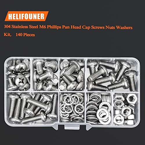 HELIFOUNER 140 Pieces M6 x 8mm /10mm /12mm /16mm /20mm, Phillips Pan Head Machine Screws, Metric Screws Bolts Washers Nuts Kit, 304 Stainless Steel - size: M6