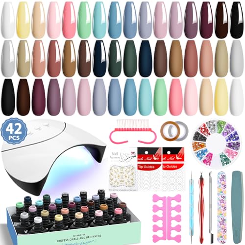 VANREESA 24 Colors Gel Nail Polish Kit with U V Light 42 Pcs Gel Polish Nail Kit Glossy & Matte Top Coat Complete Nail Kit with Manicure Tools Gifts for Women - color: Natural & Elegant Collection