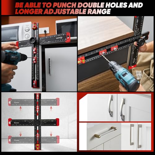 Saker 4-in-1 Drilling Positioning Ruler, Adjustable 13.78in Multifunctional T Square Ruler, Cabinet Hardware Jig, Marking Gauge Tools for Woodworking, Cabinet Drawer Door Hole Drilling Template - size: 13.78inch T Square Ruler