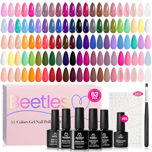 Beetles Gel Nail Polish Set, 63 PCS 55 Colors Gel Polish Kit with Base Coat - color: Vibrant Holiday - 55 Colors (63 Pcs)