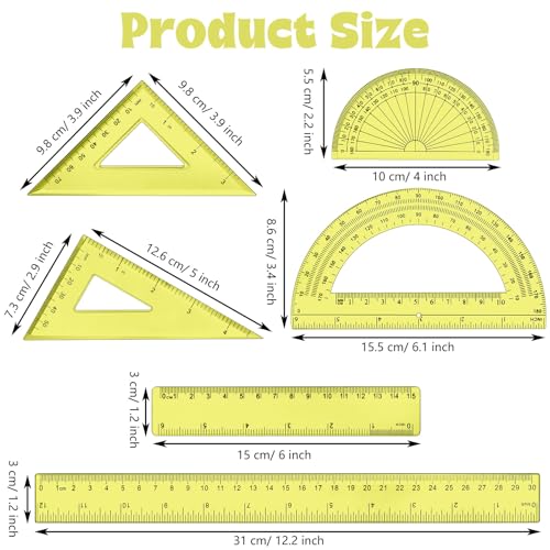 Tenare 6 Pcs Math Geometry Ruler Set, Protractor Triangle School,Yellow - color: Yellow