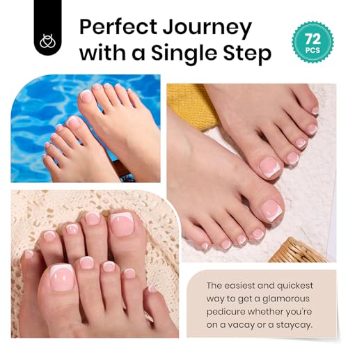 Beetles Toe Nail Press Ons Short French Tip Press On Toenails 72PCS Kit - color: 1B - French in Pink Base - S