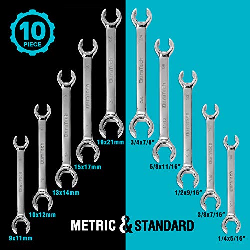 DURATECH Flare Nut Wrench Set, 10-Piece, 1/4"-7/8" & 9-21mm - color: Silver, size: 10pc, SAE&Metric