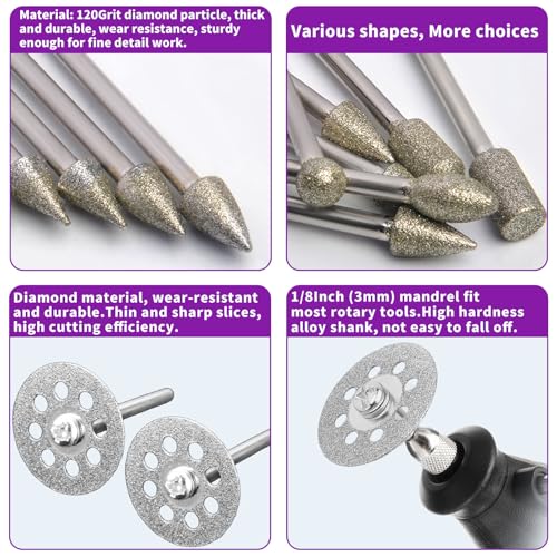 120Grit Diamond Grinding Bit Set for Dremel, Rotary Tool Grinding Cutting Wheel 1/8” Shank for Stone Glass Tile Jewelry Engraving Rock Etching Carving Metal Wood - 32Pcs - style: Style 3