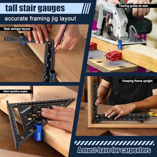 2Pack Tall Stair Gauges for Framing Square with Holder and Carabiner Stair guages Knobs Tool for Circular Saw Metal Stair Stringer Layout Tool for Carpentry Squares Stair and Rafter Gauge Clamps - style: 2 Packs Blue
