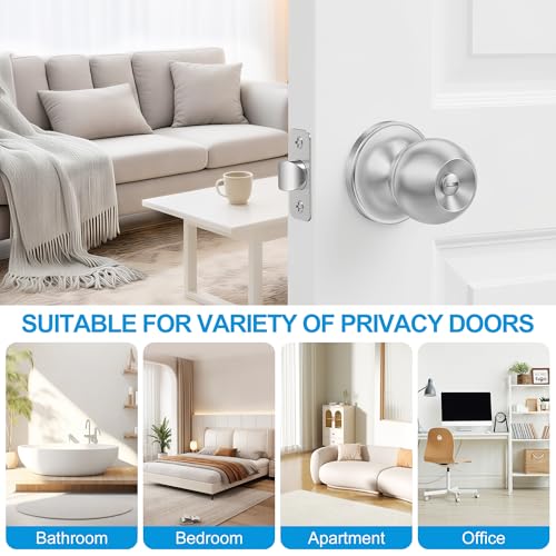 Plustool 10 Pack Privacy Door Knobs Interior, Satin Nickel Doorknob with Lock -ANSI Grade-3 Certified,Keyless Door Locks for Bedroom,Bathroom, Modern Heavy Duty Handle with Round Ball, Easy to Install