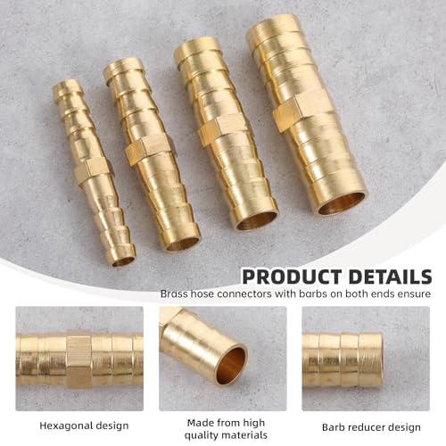 22Pcs Brass Barbed Hose Fittings, 1/4" 5/16" 3/8" 1/2" (6mm/8mm/10mm/12mm) Hose Barb Splicer Mender, Durable Hose Barb Fittings for Air/Fuel/Water/Oil Hose, Corrosion-Resistant Hose Connectors